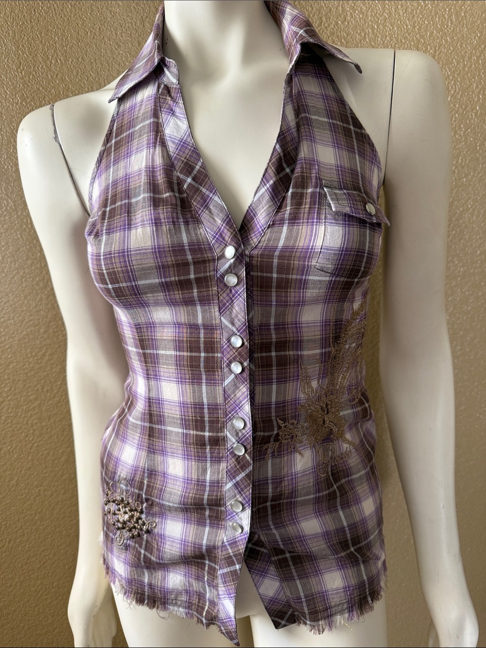 Guess Purple and Brown Plaid Halter Button-Front Top